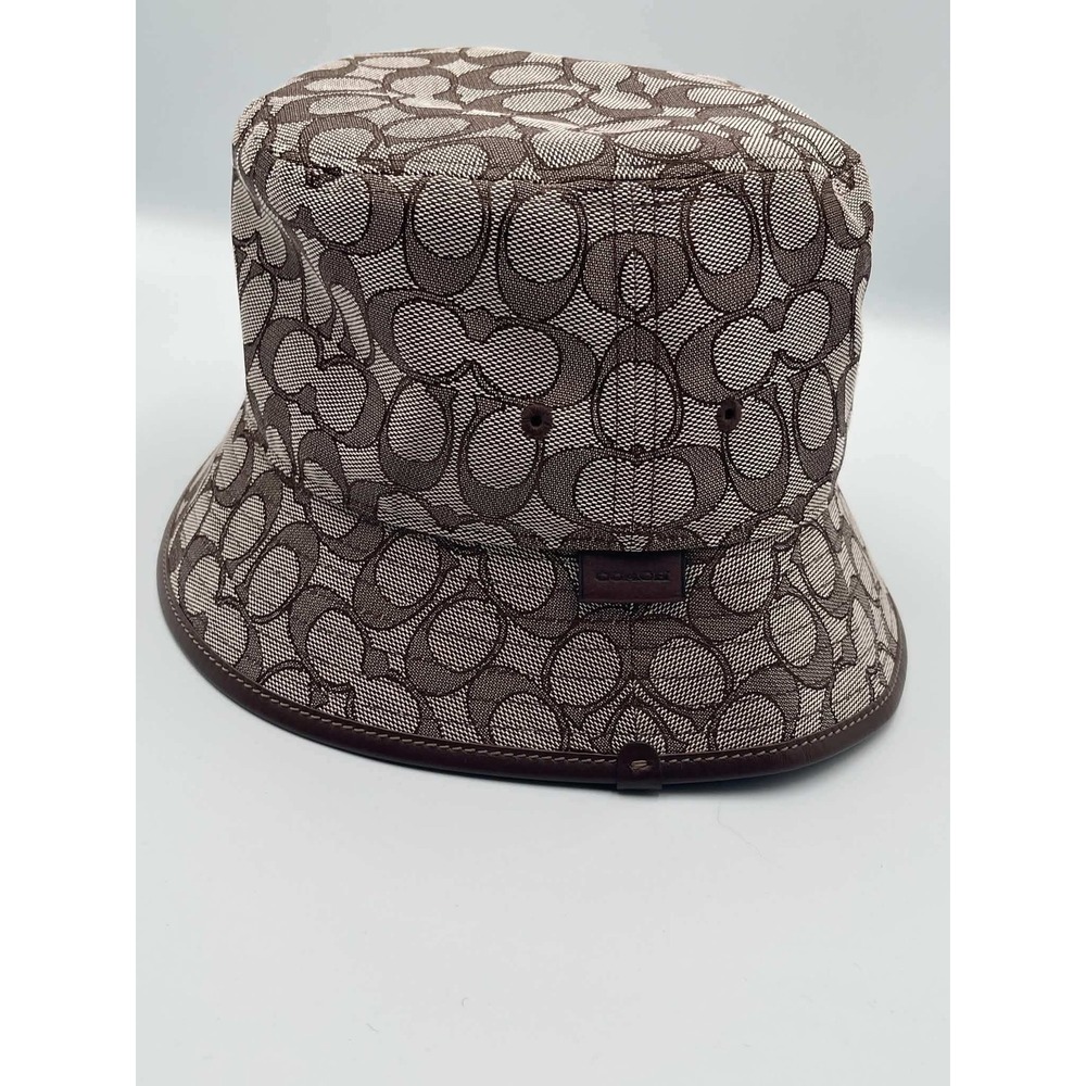 Coach Signature Jacquard Bucket Hat Khaki Brown Leather Trim XS/S CW944